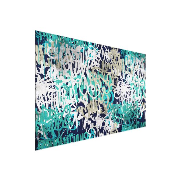 Glass print - Graffiti Art Tagged Wall Turquoise