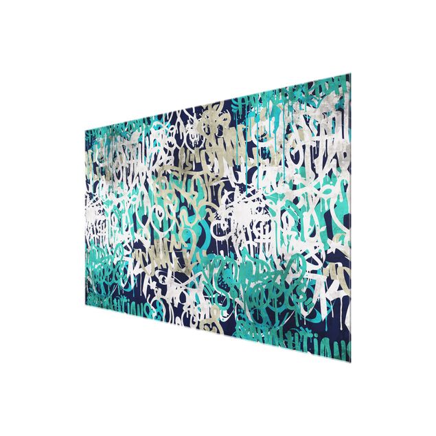 Glass print - Graffiti Art Tagged Wall Turquoise