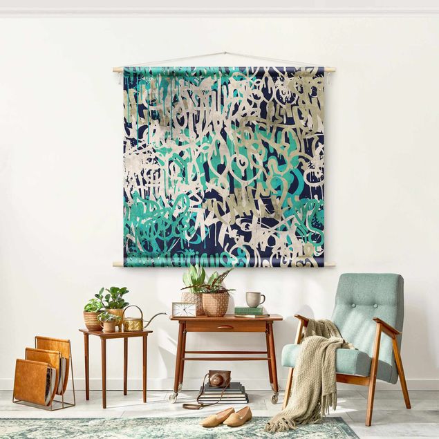extra large tapestry Graffiti Art Tagged Wall Turquoise