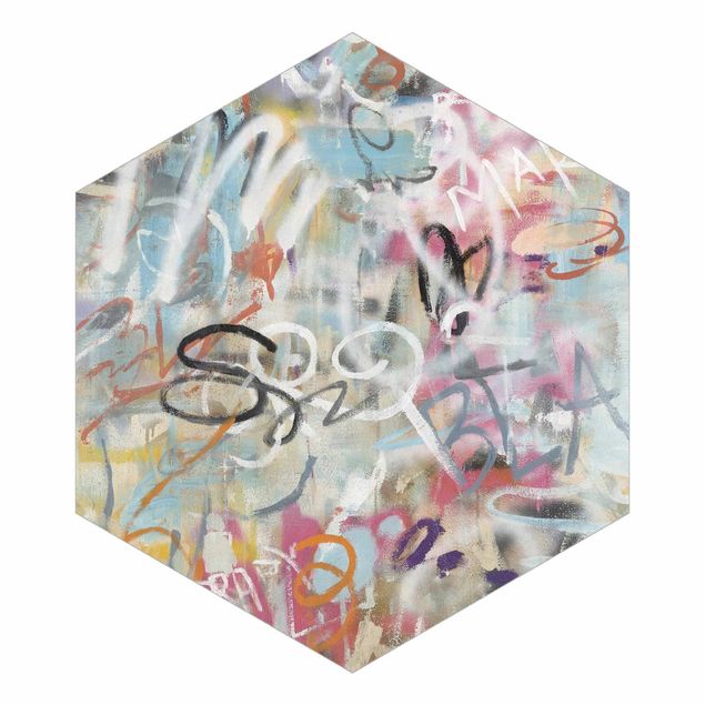 Self-adhesive hexagonal wall mural - Graffiti Love In Pastel