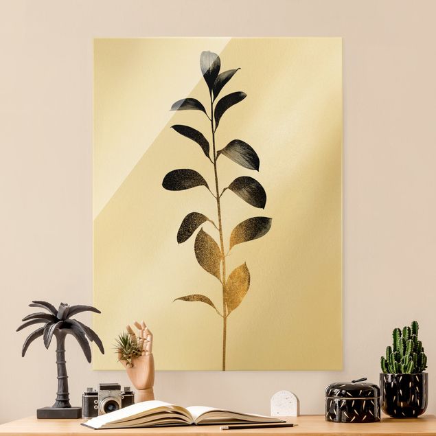 Glass print - Graphical Plant World - Gold And Grey - Portrait format