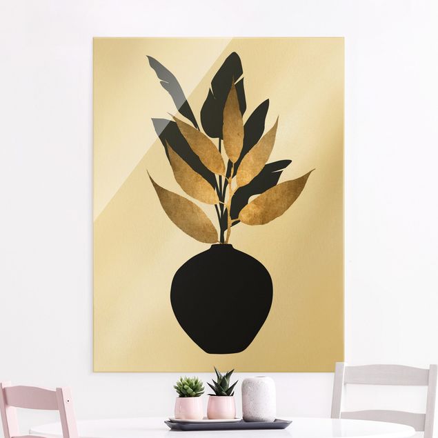 Glass print - Graphical Plant World - Gold And Black - Portrait format