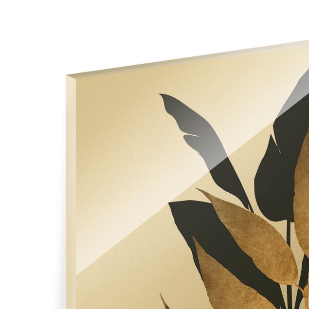 Glass print - Graphical Plant World - Gold And Black - Portrait format
