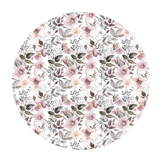 Vinyl Floor Mat round - Gray Leaves With Watercolour Flowers