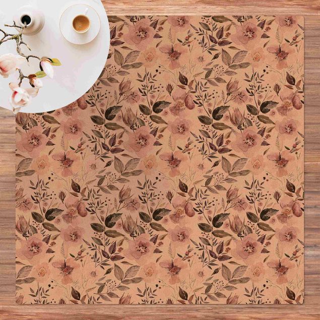 Modern rugs Gray Leaves With Watercolour Flowers