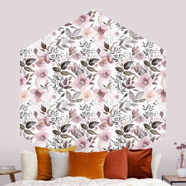 Hexagonal wallpapers Gray Leaves With Watercolour Flowers
