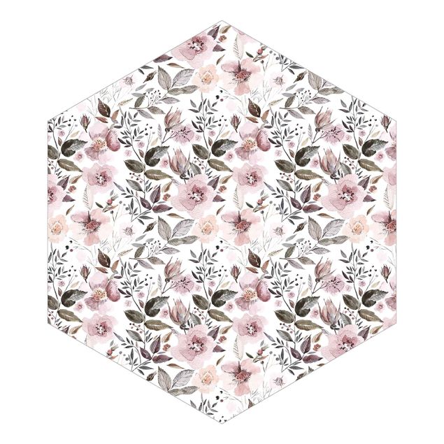 Self-adhesive hexagonal pattern wallpaper - Gray Leaves With Watercolour Flowers