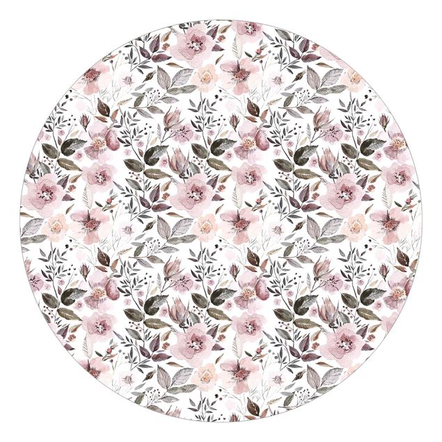 Self-adhesive round wallpaper - Grey Leaves With Watercolour Flowers