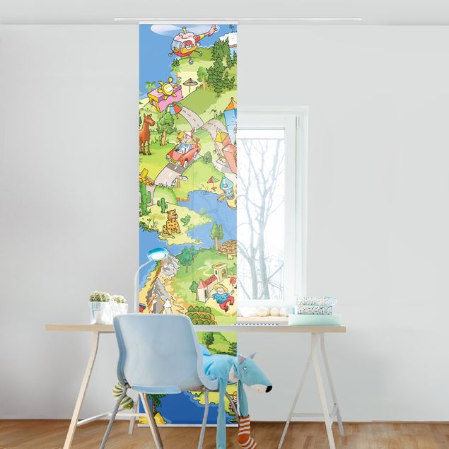 Sliding panel curtains set - Great and Funny Worldmap