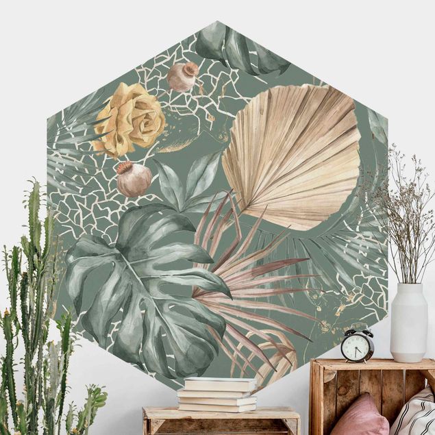 Self-adhesive hexagonal wall mural Large Leaves With Roses In Front Of Green