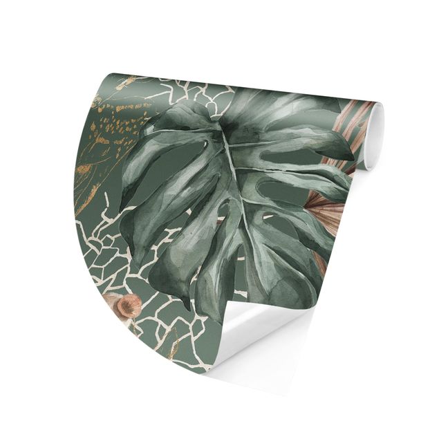 Self-adhesive round wallpaper - Large Leaves With Roses In Front Of Green