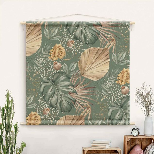 modern tapestry Large Leaves With Roses In Front Of Green