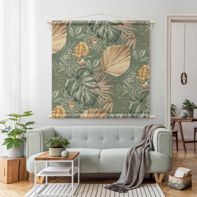 extra large tapestry Large Leaves With Roses In Front Of Green