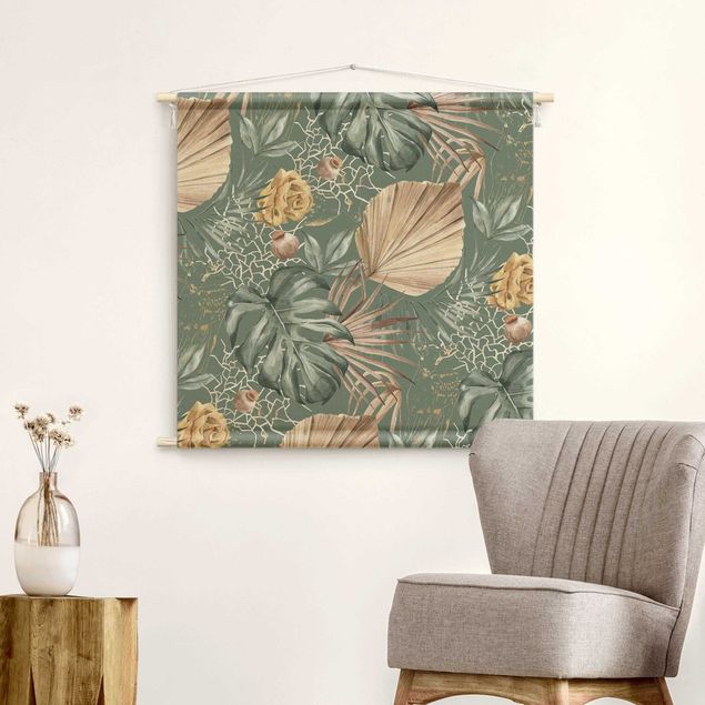 floral tapestry Large Leaves With Roses In Front Of Green