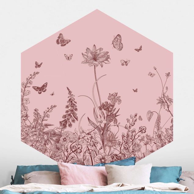 Self-adhesive hexagonal wall mural Large Flowers With Butterflies On Pink
