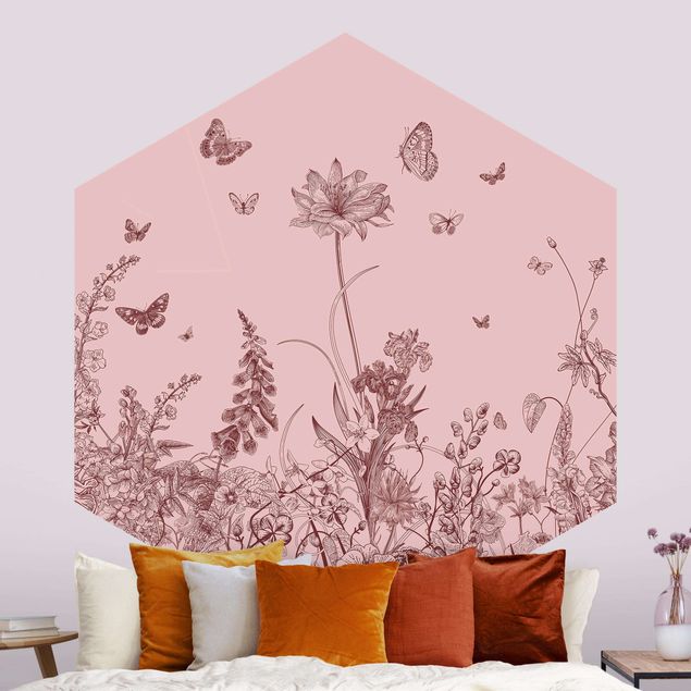 Wallpapers Large Flowers With Butterflies On Pink