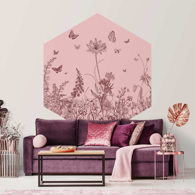 Self-adhesive hexagonal pattern wallpaper - Large Flowers With Butterflies On Pink