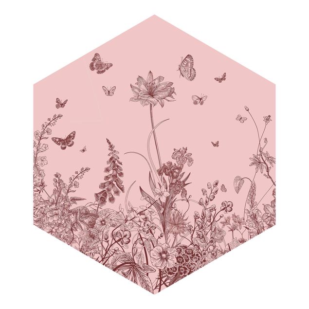 Self-adhesive hexagonal pattern wallpaper - Large Flowers With Butterflies On Pink