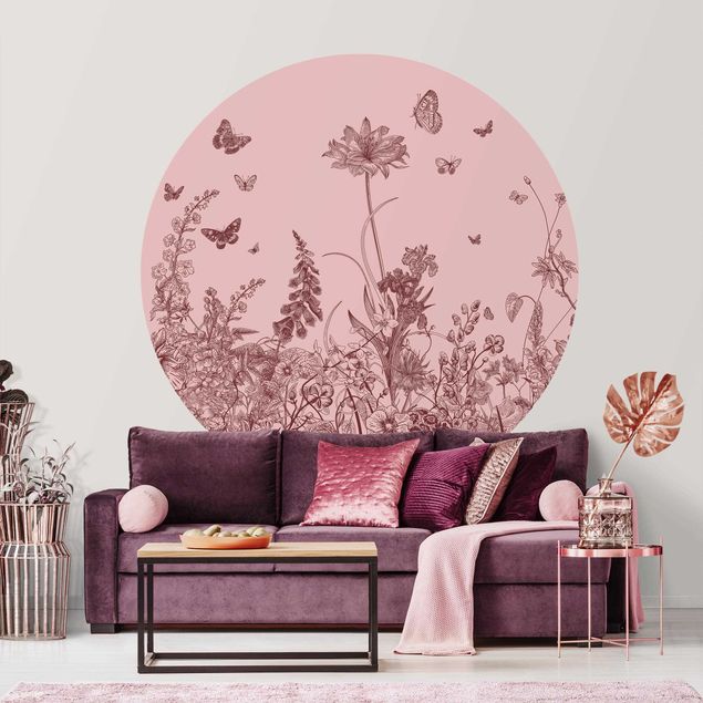 Self-adhesive round wallpaper - Large Flowers With Butterflies On Pink