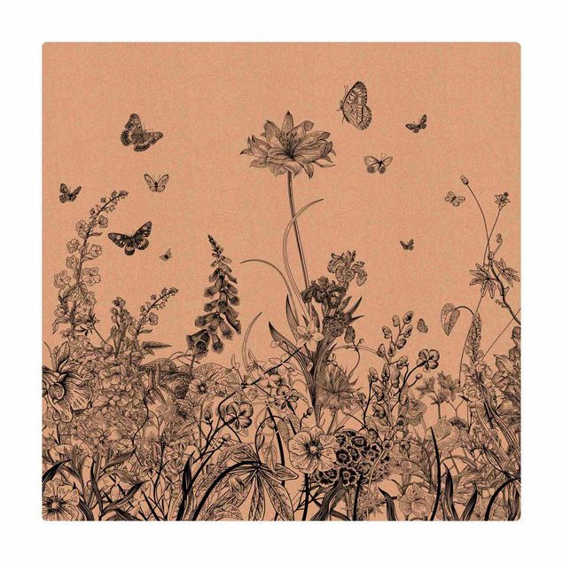 large floor mat Large Flowers With Butterflies In Black