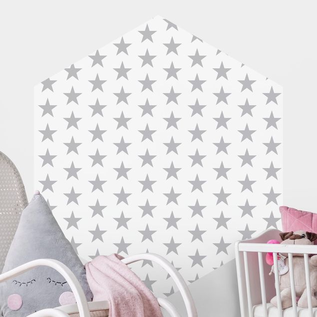 Hexagonal wallpapers Large Gray Stars On White