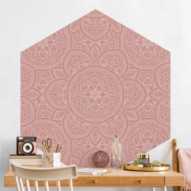 Self-adhesive hexagonal wall mural Large Mandala Pattern In Antique Pink