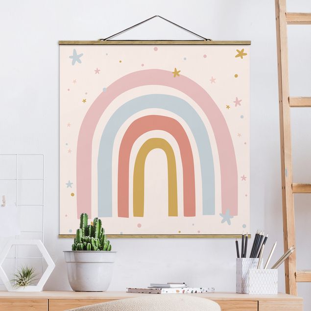 Fabric print with poster hangers - Big Rainbow With Stars And Dots - Square 1:1