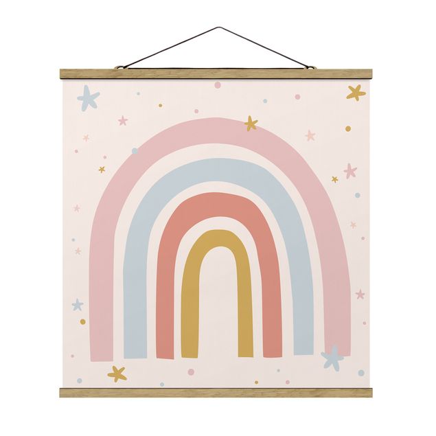 Fabric print with poster hangers - Big Rainbow With Stars And Dots - Square 1:1