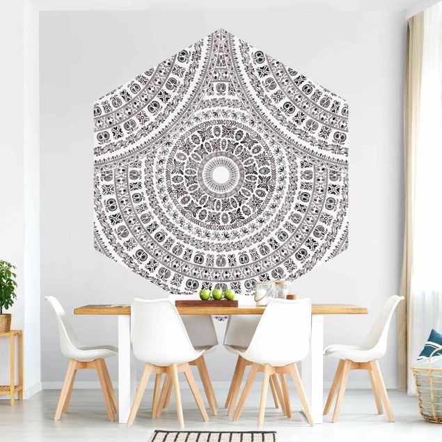 Self-adhesive hexagonal pattern wallpaper - Large Boho Mandala In Brown Black