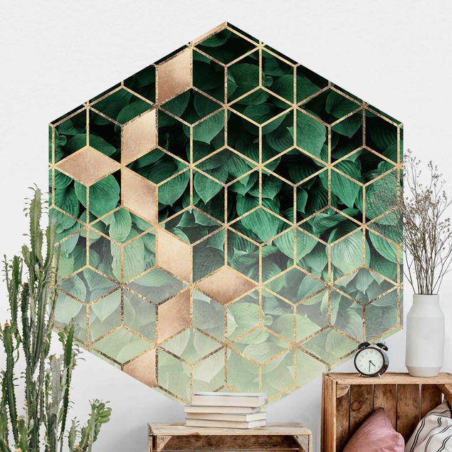 Hexagonal wallpapers Green Leaves Golden Geometry