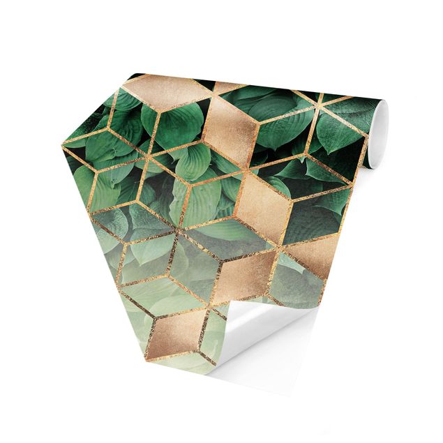 Self-adhesive hexagonal pattern wallpaper - Green Leaves Golden Geometry