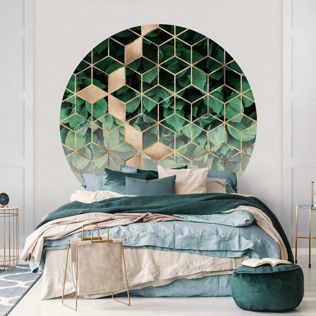 Self-adhesive round wallpaper - Green Leaves Golden Geometry