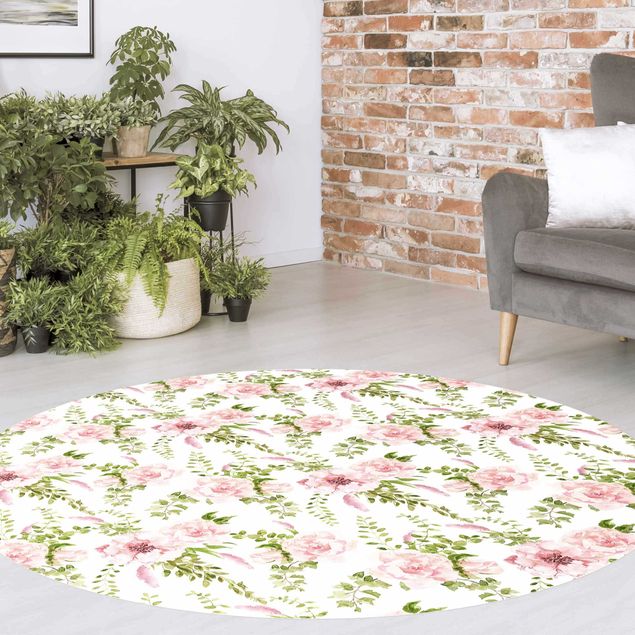 contemporary rugs Green Leaves With Pink Flowers In Watercolour
