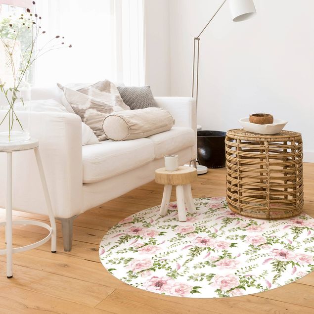 Flower Rugs Green Leaves With Pink Flowers In Watercolour