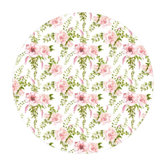 Vinyl Floor Mat round - Green Leaves With Pink Flowers In Watercolour
