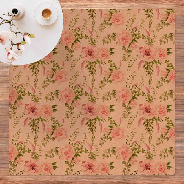 modern area rugs Green Leaves With Pink Flowers In Watercolour