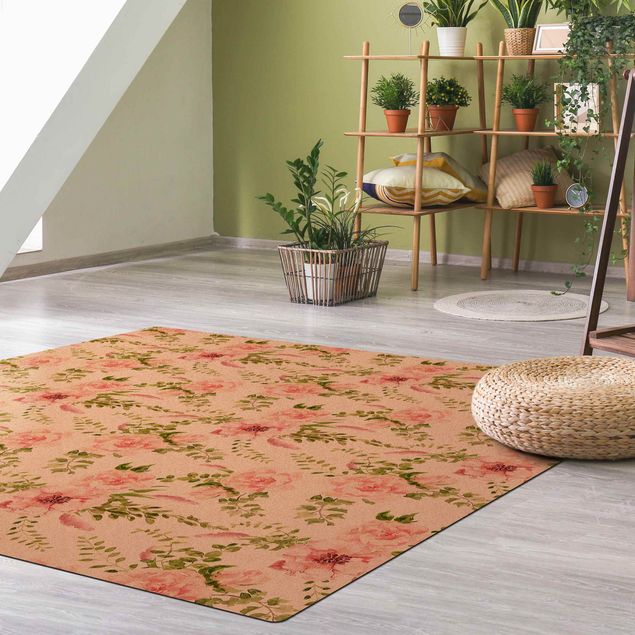 floral area rugs Green Leaves With Pink Flowers In Watercolour