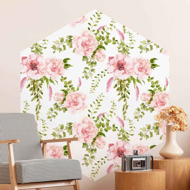 Hexagonal wallpapers Green Leaves With Pink Flowers In Watercolour