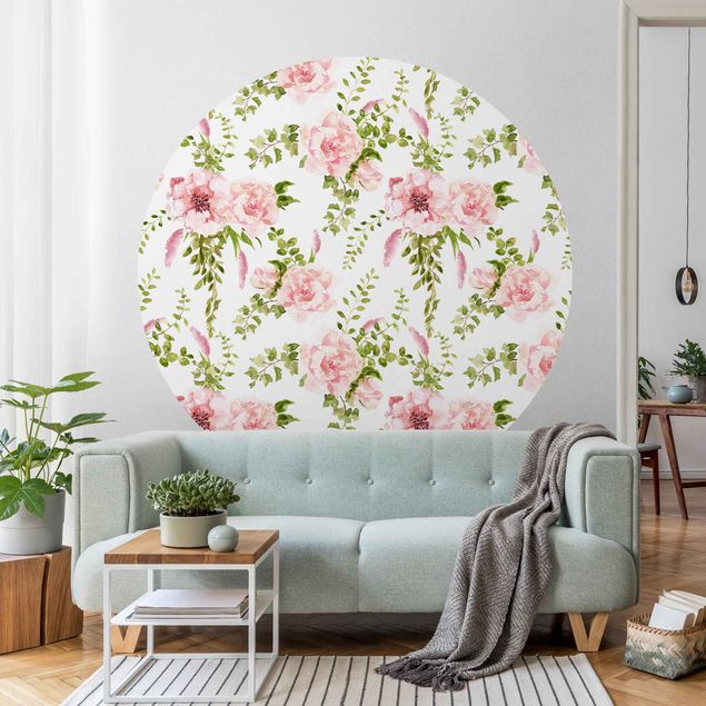 Self-adhesive round wallpaper - Green Leaves With Pink Flowers In Watercolour