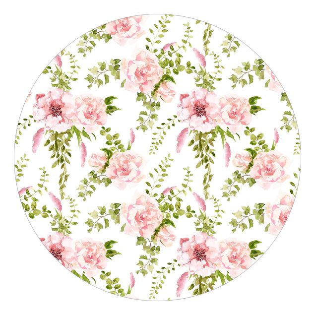 Self-adhesive round wallpaper - Green Leaves With Pink Flowers In Watercolour