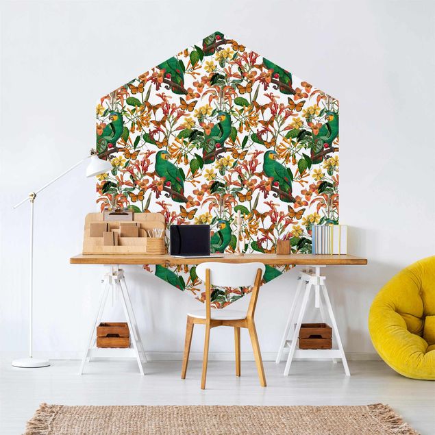 Self-adhesive hexagonal pattern wallpaper - Green Parrots With Tropical Butterflies