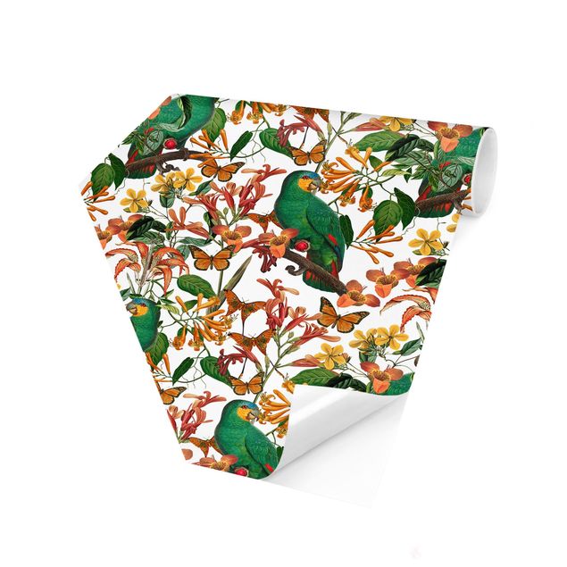 Self-adhesive hexagonal pattern wallpaper - Green Parrots With Tropical Butterflies