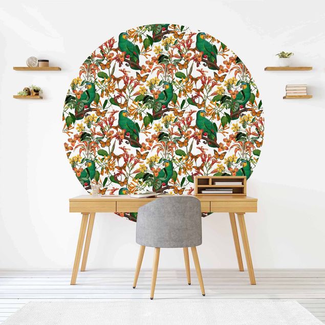 Self-adhesive round wallpaper - Green Parrots With Tropical Butterflies