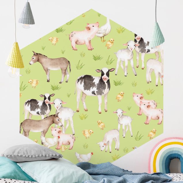Hexagonal wallpapers Green Meadow With Cows And Chickens