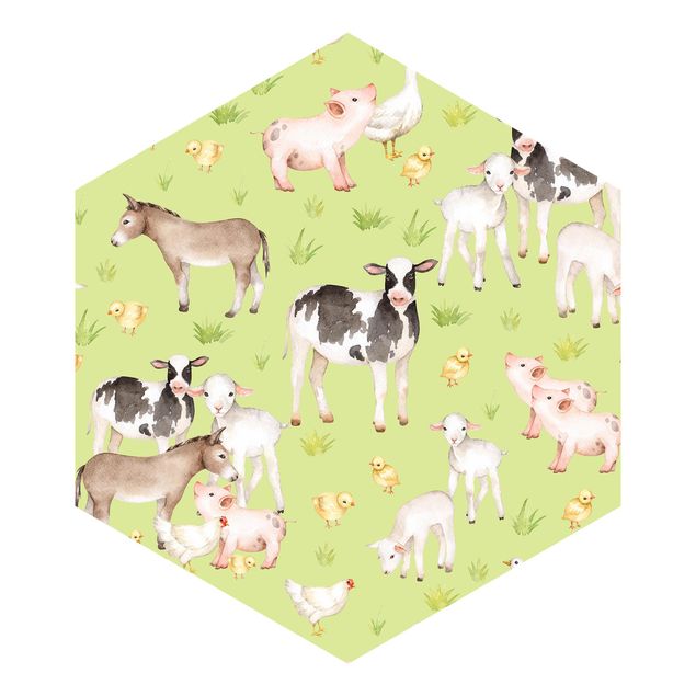 Self-adhesive hexagonal pattern wallpaper - Green Meadow With Cows And Chickens