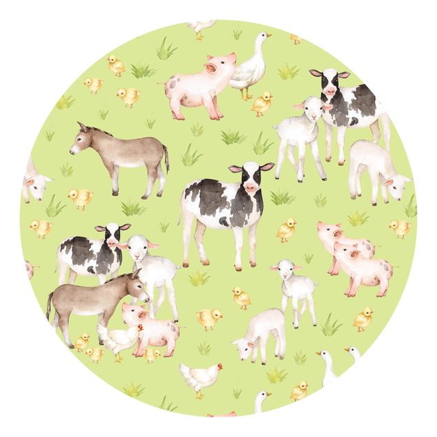 Self-adhesive round wallpaper kids - Green Meadow With Cows And Chickens