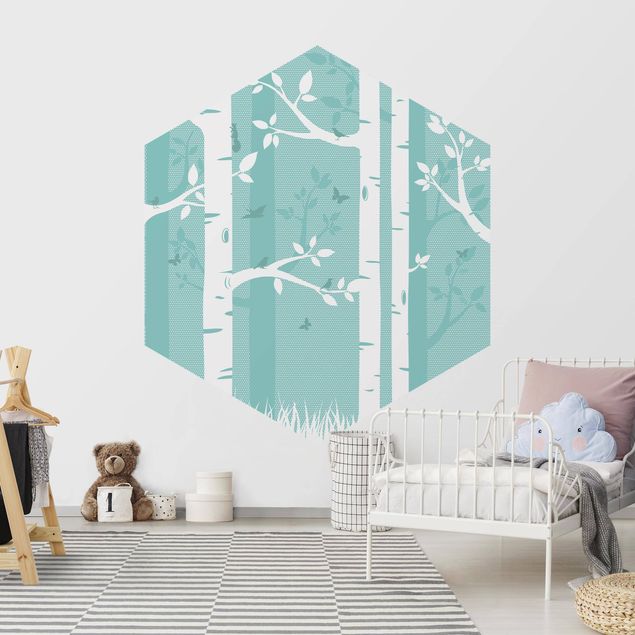 Self-adhesive hexagonal pattern wallpaper - Green Birch Forest With Butterflies And Birds