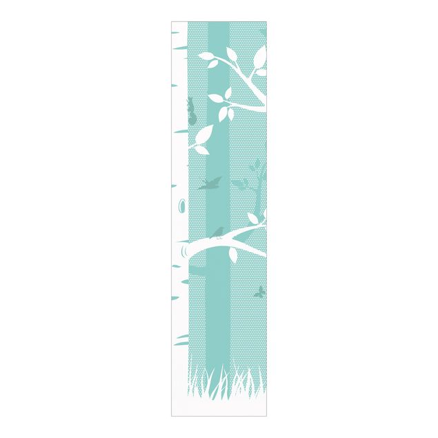 Sliding panel curtains set - Green Birch Forest With Butterflies And Birds