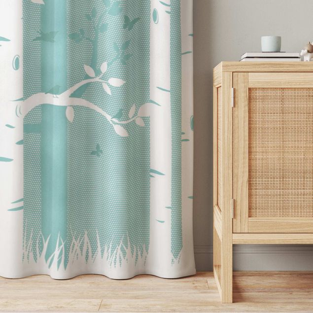 contemporary curtains Green Birch Forest With Butterflies And Birds