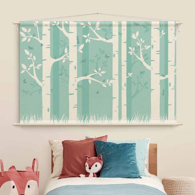 nature wall tapestry Green Birch Forest With Butterflies And Birds